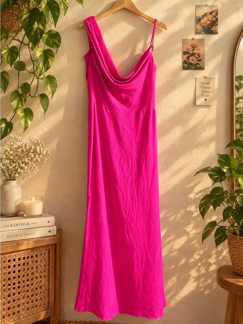 bebe Fuchsia Cowl Neck Maxi Slip Dress